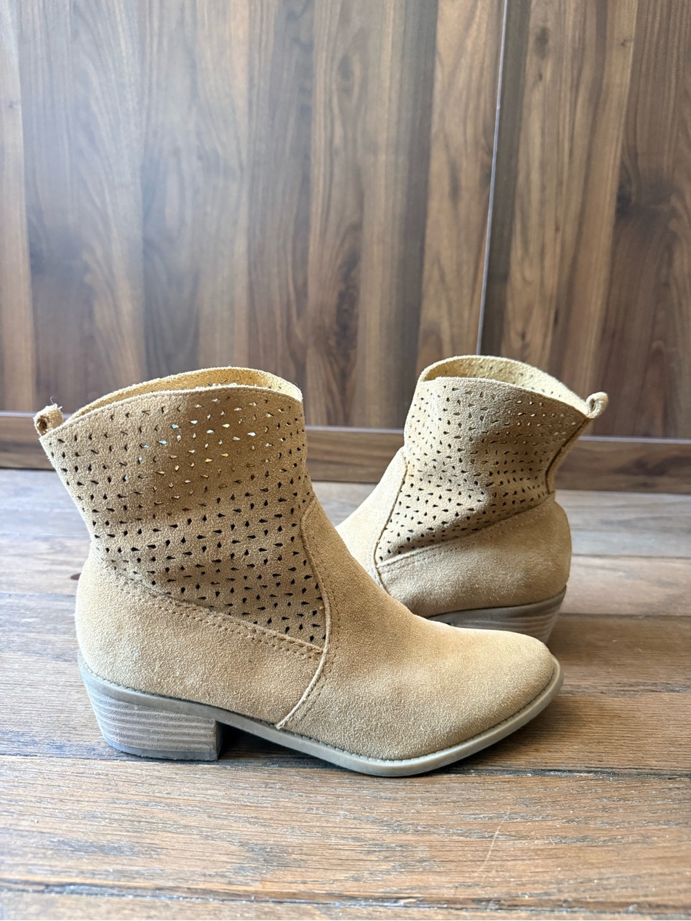 American Eagle Outfitters Perforated Suede Ankle Booties in Tan
